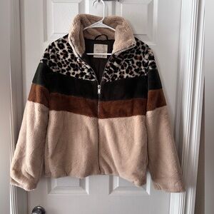 Altard State Leopard Colorblock Sherpa Jacket | Size Small | Cozy Zip-Up
